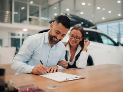 Man signs paperwork at a dealership desk, smiling woman beside him with a white car in the background on display.