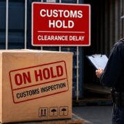 Customs officer with clipboard inspecting a package labeled 'On Hold' at a customs hold area.