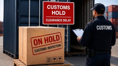 Customs officer with clipboard inspecting a package labeled 'On Hold' at a customs hold area.