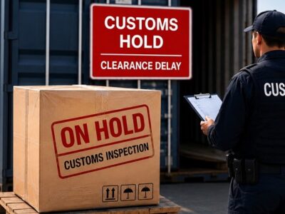 Customs officer with clipboard inspecting a package labeled 'On Hold' at a customs hold area.
