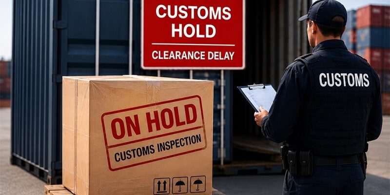 Customs officer with clipboard inspecting a package labeled 'On Hold' at a customs hold area.