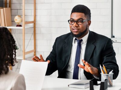 Professional man in a suit and glasses explains something to a colleague across a desk in a bright office setting with papers on the desk.